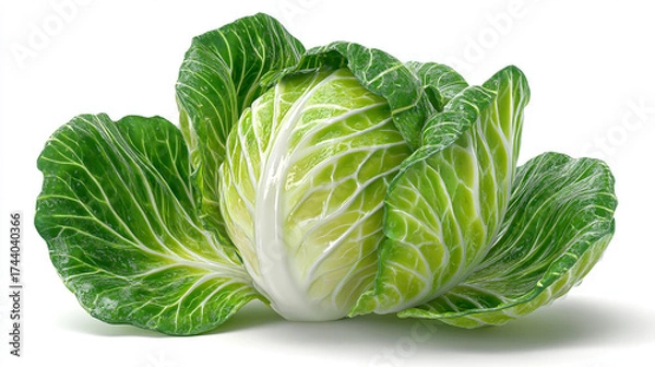Fototapeta A single head of green cabbage with visible leaves on a plain white background