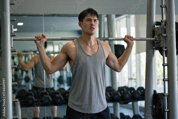 Obraz Determined man lifting weights in modern gym with sweat and focus, cinematic fitness scene