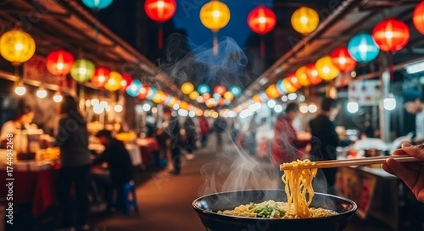Obraz Steaming noodles held by chopsticks against a vibrant night market backdrop filled with colorful lanterns. Concept for culinary tourism, street food adventure and Asian culture exploration
