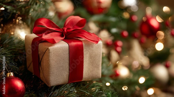 Fototapeta A beautifully wrapped present with a red bow, placed under the Christmas tree.