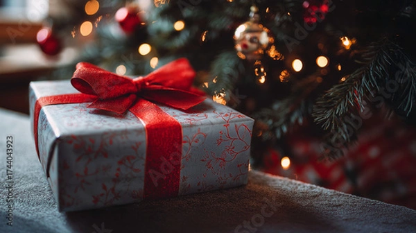 Fototapeta A beautifully wrapped present with a red bow, placed under the Christmas tree.