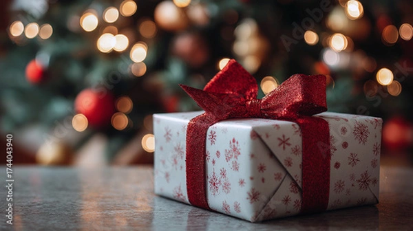 Fototapeta A beautifully wrapped present with a red bow, placed under the Christmas tree.