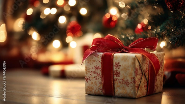 Fototapeta A beautifully wrapped present with a red bow, placed under the Christmas tree.