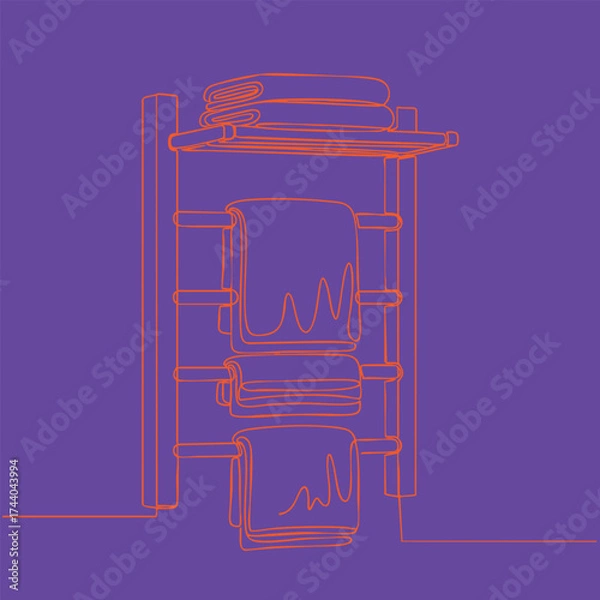 Fototapeta Minimalist wireframe style of a towel rack with neatly folded towels on a purple