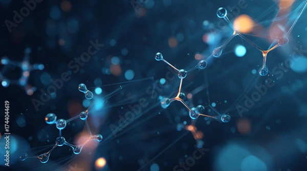 Fototapeta Abstract image of connected molecules with blue and orange highlights on dark background