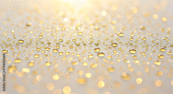 Fototapeta Close-Up of Gleaming Water Droplets on a Soft Golden Background with Shimmering Light