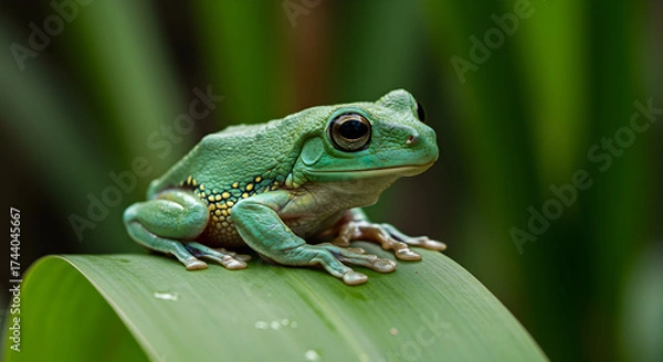 Fototapeta Close-Up of a Vibrant Green Frog Perched on a Leaf Surrounded by Lush Tropical Greenery