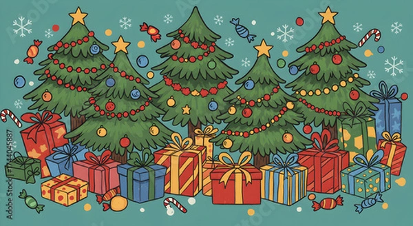 Fototapeta Festive Christmas Trees Surrounded by Colorful Presents in a Joyful Holiday Scene