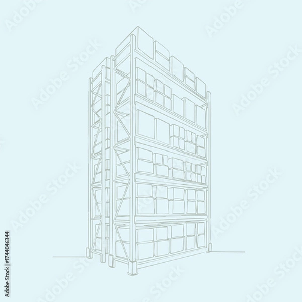 Fototapeta Tall industrial storage rack with multiple shelves filled with boxes in a warehouse setting