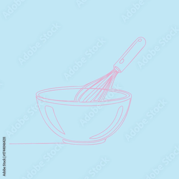 Fototapeta Minimalist line drawing of a mixing bowl with a whisk inside, set against a pastel blue for culinary or kitchen-themed design