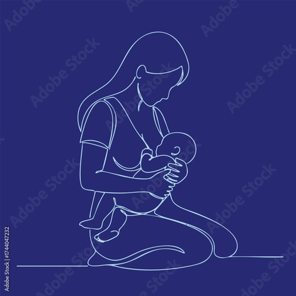 Fototapeta Minimalist line drawing of a mother holding her baby while sitting cross-legged on the floor, emphasizing tenderness and care