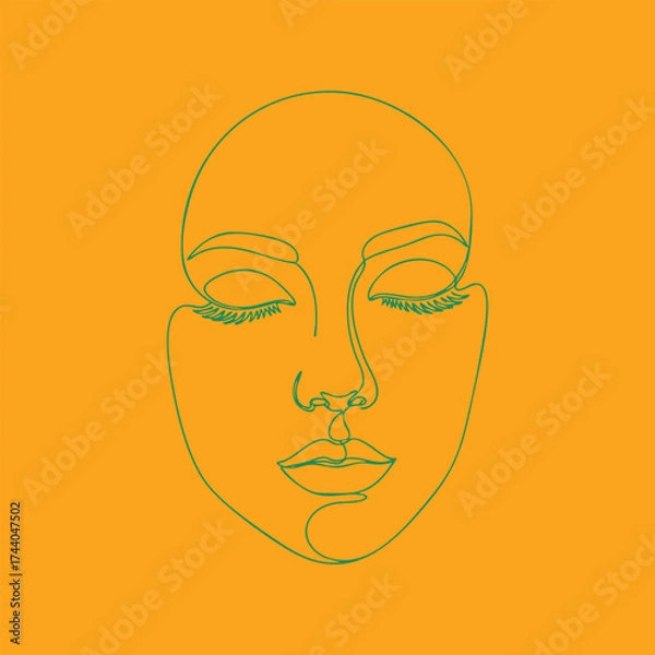 Fototapeta Minimalist continuous line drawing of a serene woman's face with closed eyes and long eyelashes on vibrant orange