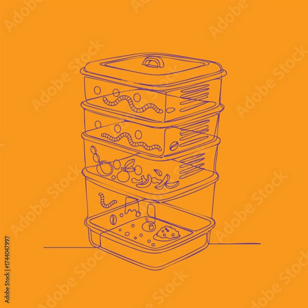 Fototapeta Stacked plastic food containers with various contents including worms, insects, and debris, on an orange highlighting contamination