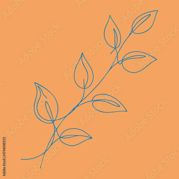Fototapeta Minimalist line art of a delicate plant with multiple leaves on a warm orange emphasizing simplicity and elegance