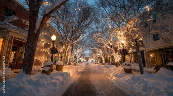 Fototapeta A charming snowy street illuminated by holiday lights, with softly glowing lamps and decorated trees lining the path. The peaceful scene evokes a sense of warmth and community during the holiday