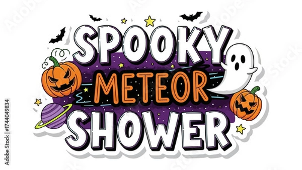 Obraz Spooky Meteor Shower: A whimsical composition of Halloween elements announces the upcoming meteor shower.