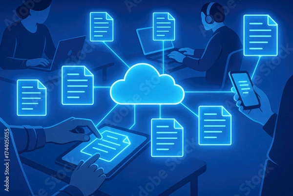 Fototapeta People Collaborating on Cloud Documents via Digital Devices and Network cloud computing collaboration