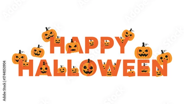 Fototapeta Spooky Halloween Design: A vibrant and festive Halloween greeting, featuring the phrase Happy Halloween artfully crafted with cheerful pumpkins, creating a playful and engaging atmosphere.