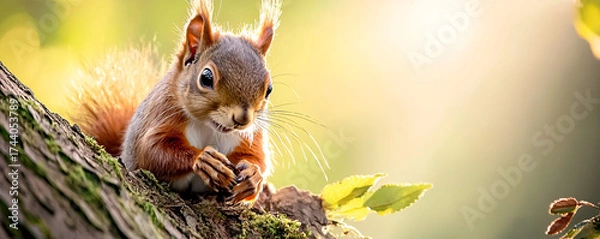 Fototapeta Curious squirrel holding nut on mossy tree branch