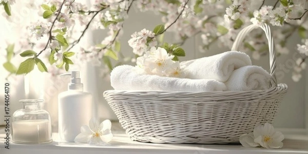 Fototapeta A serene bathroom scene featuring a white wicker basket filled with towels and blossoms- creating a fresh and peaceful atmosphere.