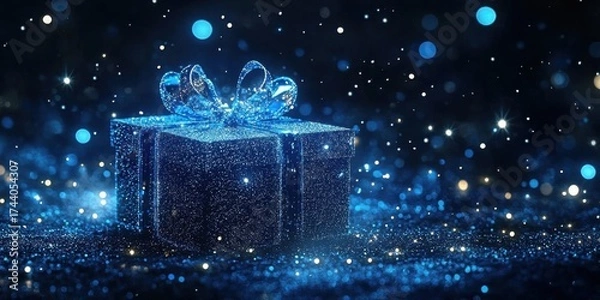 Fototapeta A beautifully wrapped abstract blue gift box glows with sparkling lights in a dark- magical setting- evoking a sense of wonder and celebration.
