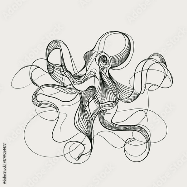 Fototapeta Artistic octopus created with fluid continuous lines forming a dynamic abstract composition. Ideal for modern design, posters, tattoos, and marine-themed artwork