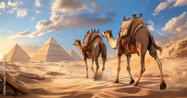 Fototapeta Camels trek through desert sands toward ancient pyramids.