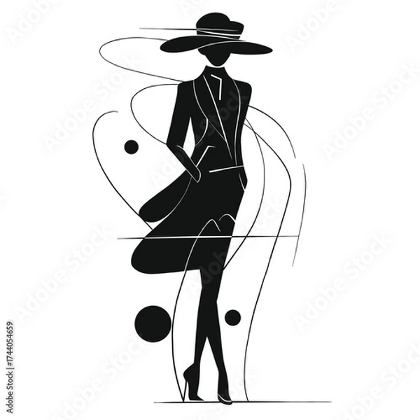 Fototapeta Elegant female silhouette in a hat and long coat created in minimal black line art style. Perfect for fashion branding, posters, boutique logos, and editorial design