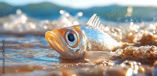 Fototapeta Small fish stranded on shore, ocean wave splashes sparkle