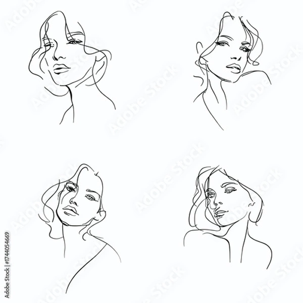 Fototapeta Collection of modern female portraits created with continuous black line art. Perfect for beauty branding, minimalist posters, editorial design, and modern interior decor