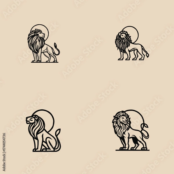 Fototapeta Minimalist lion logo set in clean black line art style on beige background. Ideal for branding, tattoos, luxury design, wildlife, or zodiac Leo themes