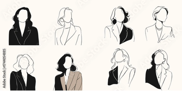 Fototapeta Collection of elegant female portraits in minimalist line art and neutral colors. Perfect for fashion branding, social media, posters, and editorial design concepts