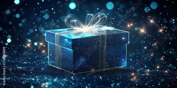 Fototapeta A beautifully wrapped abstract blue gift box glows with sparkling lights in a dark- magical setting- evoking a sense of wonder and celebration.