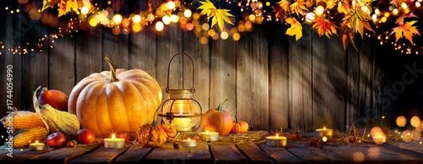 Fototapeta Thanksgiving - Pumpkins And Corncobs On Wooden Table With Rustic Garland And Defocused Abstract Lights