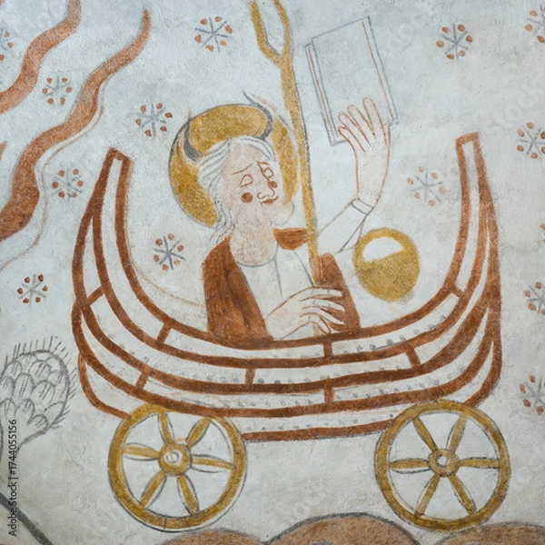 Fototapeta Moses sitting in an ark with two weels holding the Stone Tablets