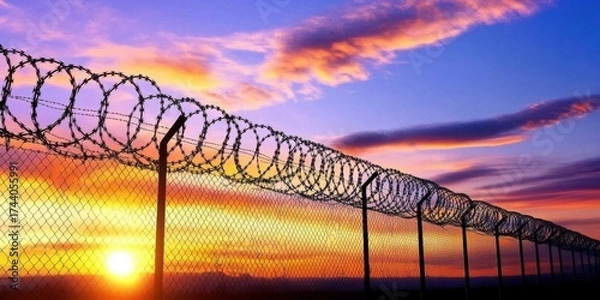 Fototapeta A barbed wire fence silhouetted against a vivid sunset sky- representing security and boundaries.