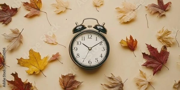 Fototapeta A classic alarm clock surrounded by scattered autumn leaves on a beige background- evoking the passing of time in fall.