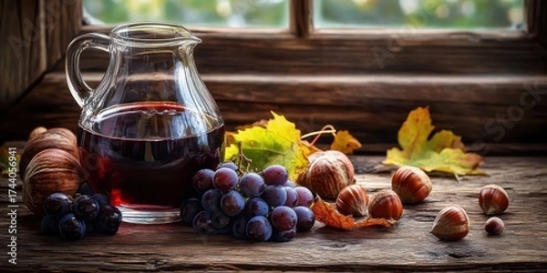 Fototapeta A rustic wooden table adorned with chestnuts- grapes- and a jug of red wine- evoking a warm- autumnal harvest setting.