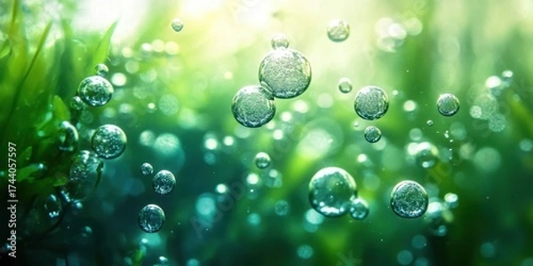 Fototapeta Close-up of green spirulina algae suspended in water with bubbles- showing effervescent growth and natural beauty in an underwater environment.