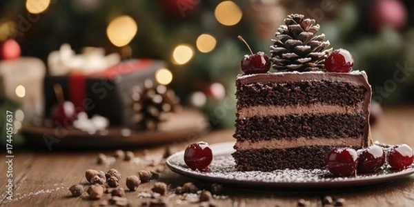 Fototapeta A festive chocolate cake slice topped with a pinecone and cherries- with Christmas decorations in the background on a rustic wooden table.