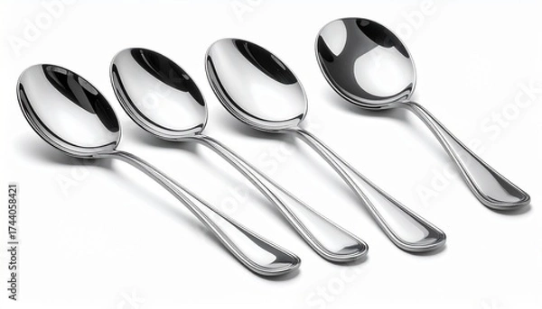 Obraz A realistic stainless steel serving spoon set with polished curved heads and reflections isolated on white background
