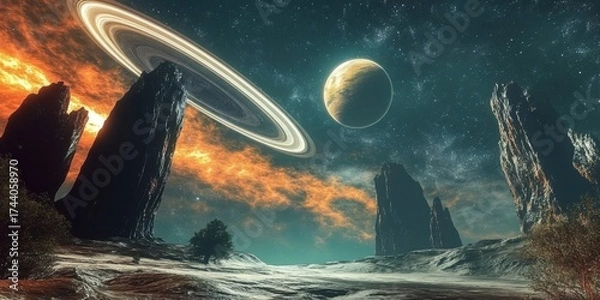 Fototapeta A stunning sci-fi landscape of an alien planet with towering cliffs- a ringed planet in the sky- and a starry night background.
