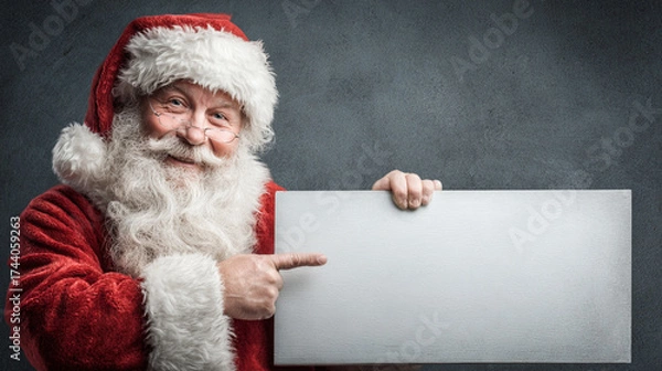 Fototapeta Smiling Santa Claus pointing at a blank advertising banner with space for text 
