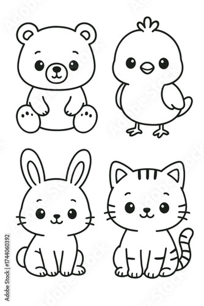 Fototapeta Four adorable cartoon animals: bear, chick, rabbit, and kitten, each with a friendly expression, perfect for children's designs