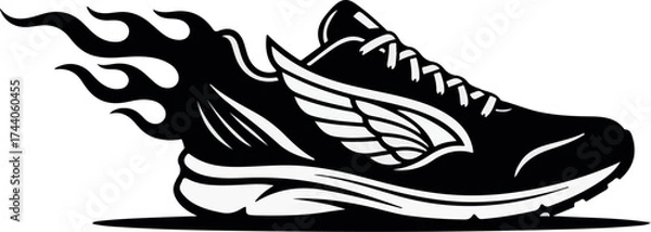 Fototapeta Dynamic black running shoe with fiery wings symbolizing speed and performance on white