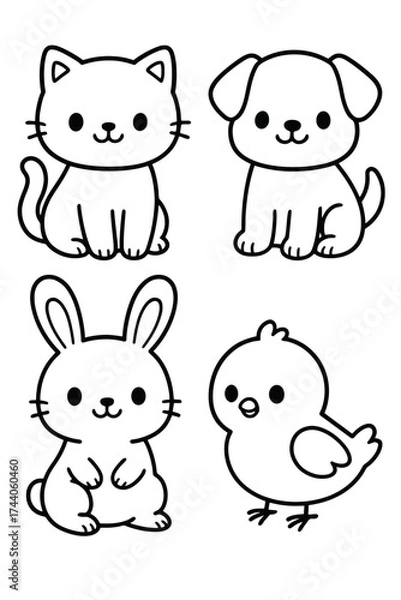 Fototapeta Cute illustrations of four different animals, including a cat, a dog, a bunny, and a chick. They're drawn with adorable, simplistic details