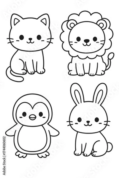 Fototapeta A collection of cute cartoon animals including a cat, a lion, a penguin, and a rabbit