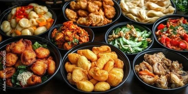 Fototapeta Assorted buffet dishes including fried snacks- pasta- and fresh salads- highlighting a variety of food options in a catering service.