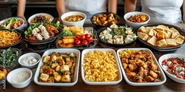 Fototapeta Assorted buffet dishes including fried snacks- pasta- and fresh salads- highlighting a variety of food options in a catering service.