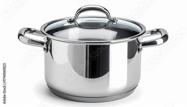 Obraz A realistic stainless steel soup pot with transparent glass lid and handles isolated on white background
